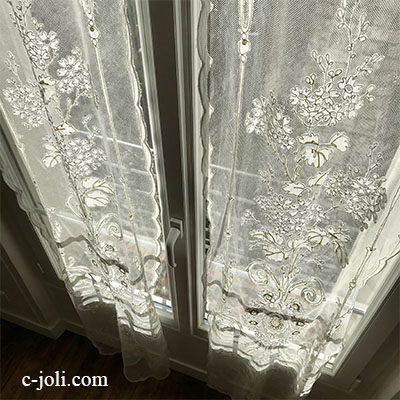 【パリ発送】C1102 フランスアンティークレースカーテン/コーネリーカーテン 19世紀コーネリー刺繍＆コットンネットレース２枚  55x228cm