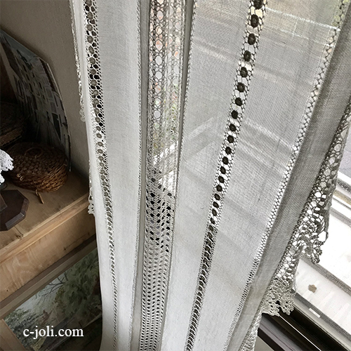 C1108 フランスアンティークレース＆リネンガーゼカーテン　ドロンワークリネン＆クロシェレース生成りカーテン 2m22