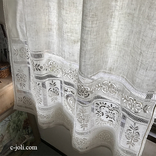 C1112 フランスアンティークリネンカーテン　カットワーク手刺繍リネン＆ドロンワーク＆ボビンレース生成りカーテン 1m30