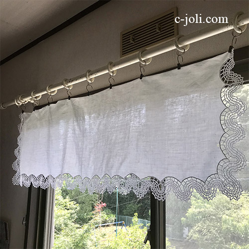 C1122 フランスアンティークリネンカーテン/カフェカーテン　上質リネン＆クロシェレースカーテン 1m29