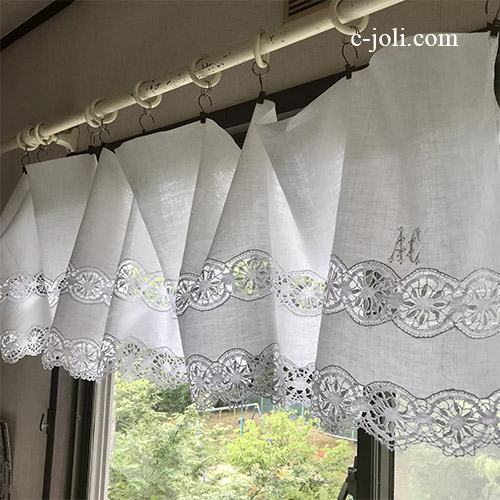 C1123 フランスアンティークリネンカーテン/カフェカーテン　AC手刺繍モノグラムリネン＆ボビンレースカーテン 2m35