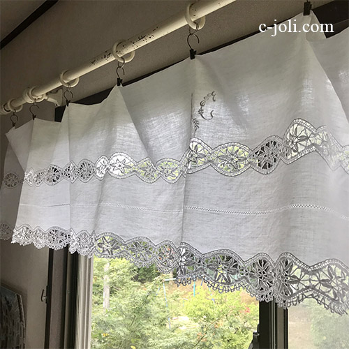 C1125 フランスアンティークリネンカーテン/カフェカーテン　AC手刺繍モノグラムリネン＆ボビンレースカーテン 2m29