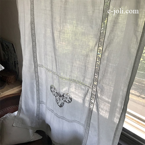 C1126 フランスアンティークコットンカーテン　カットワーク手刺繍コットン＆フィレ風レースカーテン 101x130cm
