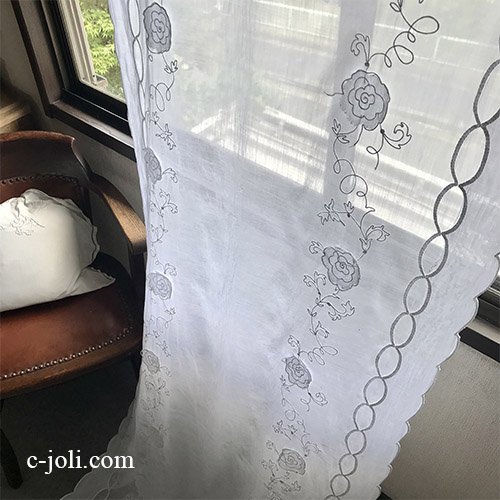 C1127 フランスアンティークコーネリー風リネンローンカーテン　麻ローン刺繍カーテン 2m45