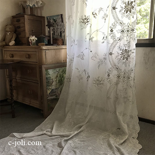 C1129 フランスアンティーク綿ローン刺繍カーテン 　19世紀コーネリー刺繍コットンローンカーテン 2m80