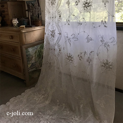 C1130 フランスアンティーク綿ローン刺繍カーテン 　19世紀コーネリー刺繍コットンローンカーテン 2m80