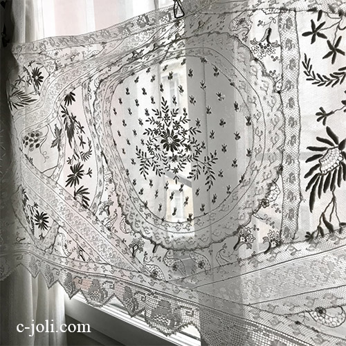 【パリ発送】C1131 フランスアンティークノルマンディーレースカーテン　ホワイトワーク手刺繍リネンローン&リネンチュールレース 163x47cm