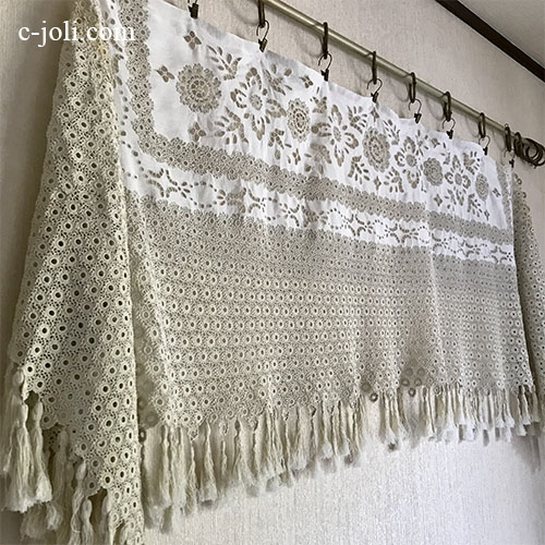 C1149 フランスアンティークリネンカーテン/カフェカーテン　カットワーク手刺繍リネン＆ニードルポイントレース 1m82