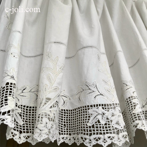 【パリ発送】C1158 フランスアンティークレース＆リネンカフェカーテン　リネン＆バテンレースカーテン 220x91cm