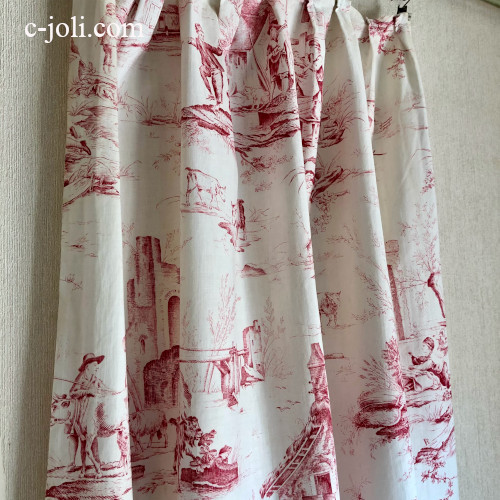 C1160  フランスアンティークToile de Jouy柄プリントカーテン　リング付トワルドジュイ柄コットンカーテン 62cm