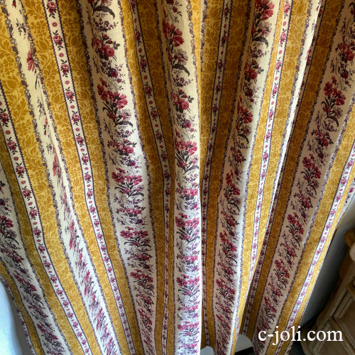 C1165 フランスアンティークカーテン ストライプ＆花柄プロヴァンス麻リネンカーテン 1m72