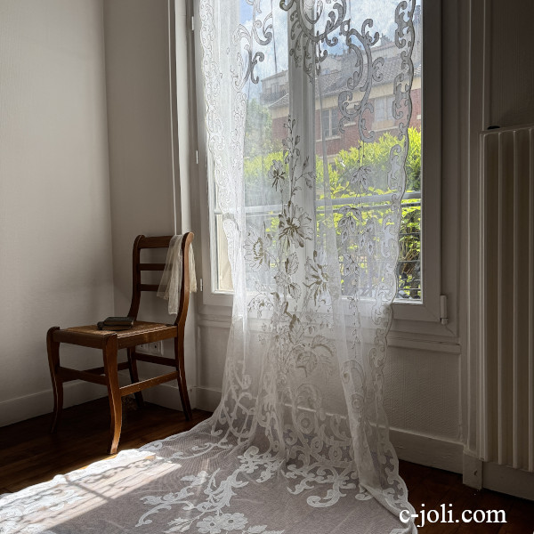 【希少】C1201 フランスアンティークレースカーテン 19世紀コーネリー刺繍＆リネンネットレース 130x314cm｜パリ発送