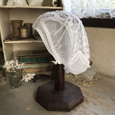 【日本発送】E-424　フランスアンティークチャイルドハット　手刺繍コットンローン＆レース