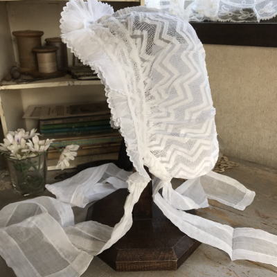 【日本発送】E-426　フランスアンティークチャイルドハット　綿ローン＆レース