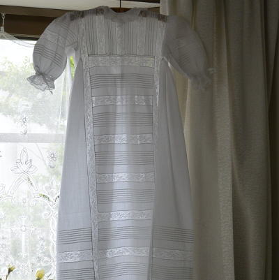 E-747　フランスアンティークリネンベビードレス　リネン＆レース 89cm 　