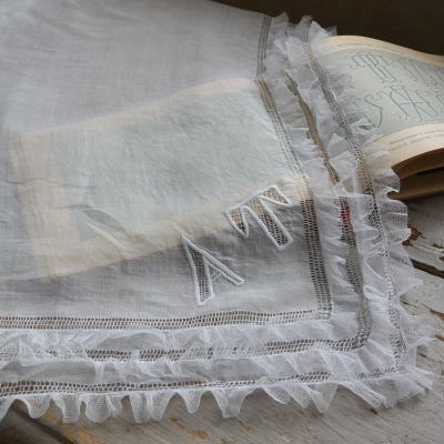 E-756　フランスアンティークハンカチ　手刺繍ドロンワーク綿ローン＆チュールレース 53x51cm