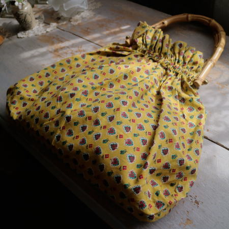 E-780　フランスアンティークコットン＆ウッドハンドルニッティングバッグ