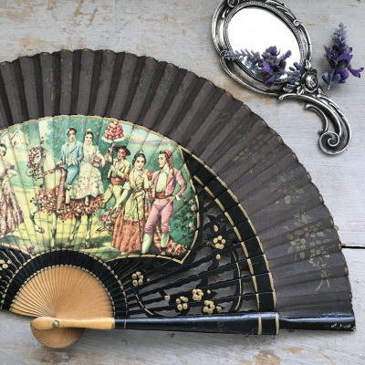E-832 フランスアンティーク扇子/エヴァンタイユ　木製扇骨＆ファブリック扇面 23cm