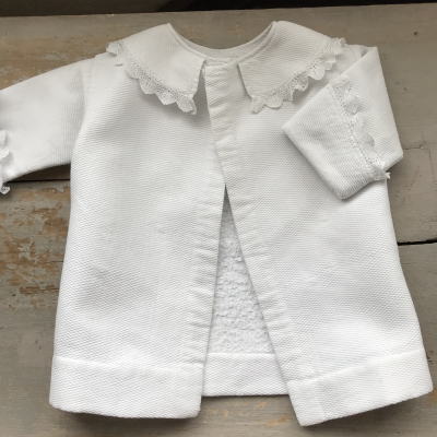 【日本発送】E-872　フランスアンティークベビー服/ドール服　クロシェレース＆コットンピケベビージャケット 37cm