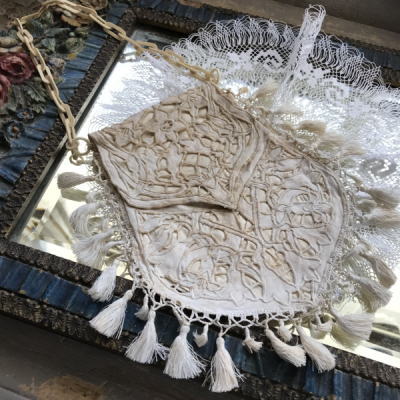 E-888　フランスアンティークバッグ/ポシェット/コミュニヨンバッグ　カットワーク手刺繍リネン＆シルク