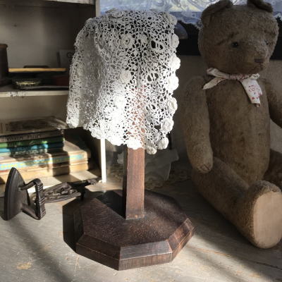 E-935 フランスアンティークドール/ベビーハット/ボネ　リネンクロシェレース