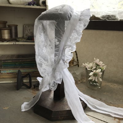 E-951 フランスアンティークドールハット/ベビーハット/ボネ　コットンチュールレース