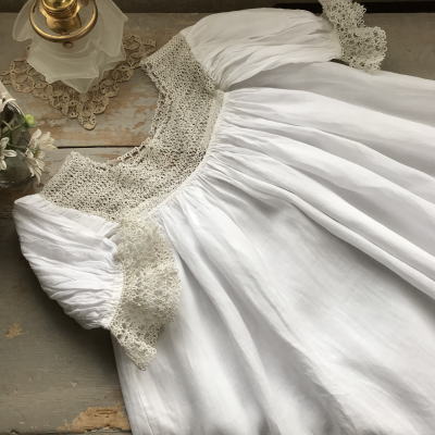 E-956 フランスアンティークベビードレス/ドールドレス　上質リネン＆タティングレース 72cm