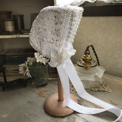 E-966 フランスアンティークドールハット/ベビーハット/ボネ　リネンクロシェレース