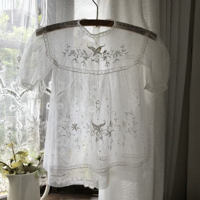 E-970 フランスアンティークベビードレス/ドールドレス　手刺繍リネンチュールレース 43cm