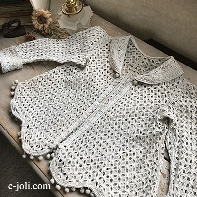 E-984 フランスアンティークベビージャケット/ドールジャケット　カットワーク手刺繍リネン 40cm