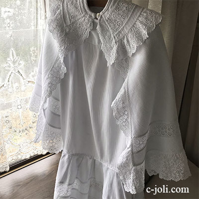 【日本発送】E-990 フランスアンティークベビードレス＆ベビーケープ/ベビーコート/ベビー服　カットワーク手刺繍＆コットンピケ 77cm