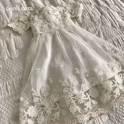 【パリ発送】E1002 フランスアンティークドールドレス 1880年/19世紀ハンドワーク刺繍レースドレス 33cm