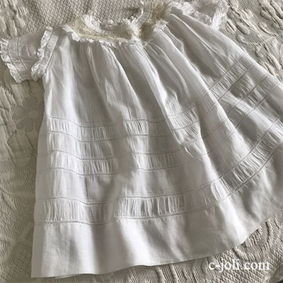 【パリ発送】E1006 フランスアンティークベビードレス/ドールドレス　ハンドワーク綿ローン  44cm