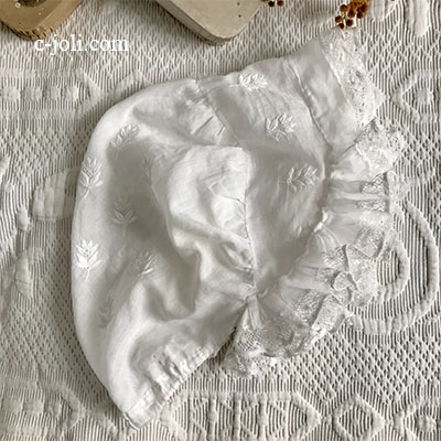 【パリ発送】E1020 フランスアンティークベビーハット/ベビー帽子/ベビーボネ　ホワイトワーク手刺繍＆綿ローン＆レース