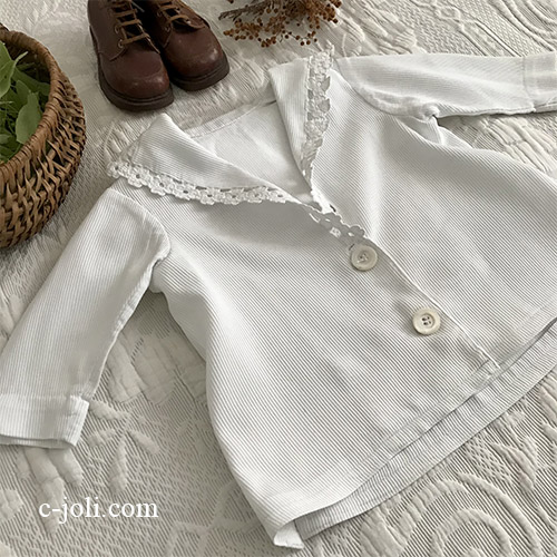 【日本発送】E1049 フランスアンティークベビージャケット/チャイルドジャケット/ベビー服　カットワーク手刺繍＆コットンピケ 37cm