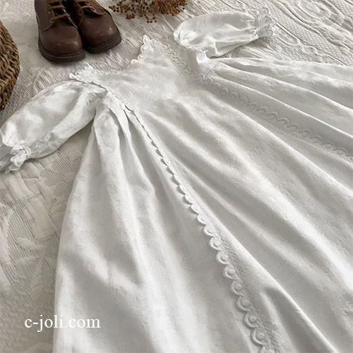 【パリ発送】E1050 フランスアンティークベビードレス/セレモニードレス/ベビー服　手刺繍＆ダマスク織コットン 70cm