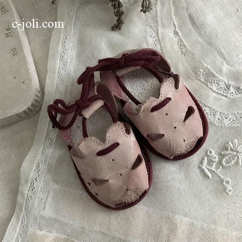 E1076 フランスアンティークドール/ベビーシューズ　ピンクレザーサンダル 9.5cm