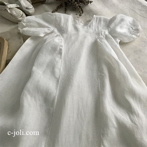 【パリ発送】E1081 フランスアンティーク洗礼式用ベビードレス/お宮参り/ドールドレス　手刺繍リネンローン 82cm