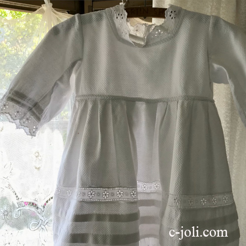 【日本発送】E1096 フランスアンティークベビードレス/ベビー服/セレモニードレス　マシーン刺繍レース＆コットンピケ 47cm