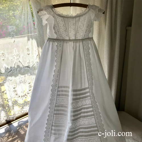 【日本発送】E1098 イギリスアンティークベビードレス/セレモニードレス/洗礼ドレス/ドールドレス　手刺繍コットン 95cm