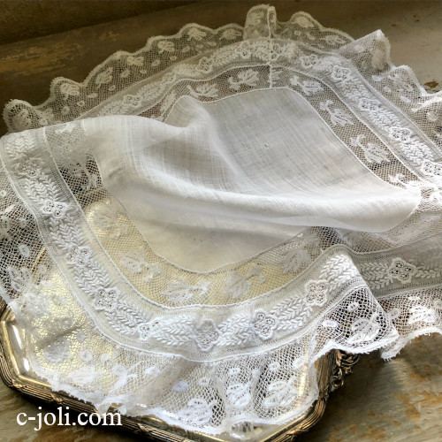 E1121 フランスアンティークブライダルハンカチ/マリアージュ　ホワイトワーク手刺繍リネンローン＆ヴァランシエンヌレース花嫁ハンカチ 37x36cm