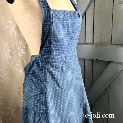E1123 フランスアンティークコットンエプロン/タブリエ　チェック柄コットン首掛けエプロン 77cm