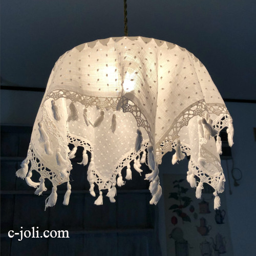 E1136 フランスアンティークランプシェードカバー　フリンジ付ドット柄コットンガーゼ