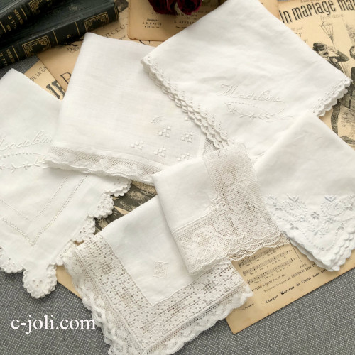 【パリ発送】E1153 フランスアンティークレース＆刺繍ハンカチ6枚  麻ローンフィレレース/手刺繍コットン/手刺繍リネンハンカチ