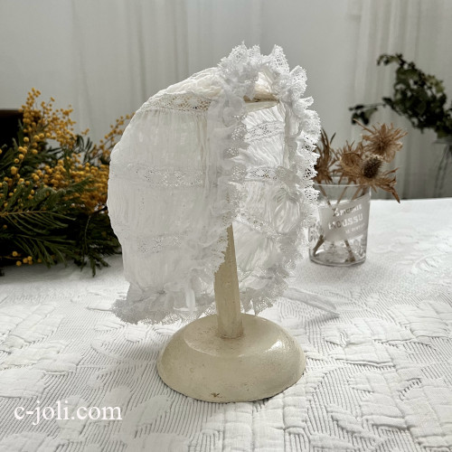 【パリ発送】E1179 フランスアンティークベビーハット/ベビー帽子/ベビーボネ　麻ローン＆レース