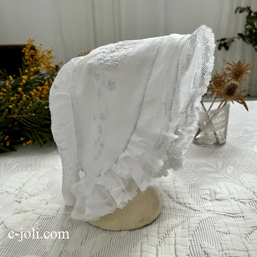 【パリ発送】E1180 フランスアンティークレース＆手刺繍ボネ　ホワイトワーク綿ローン＆レースボンネット(帽子） 少女ー大人サイズ