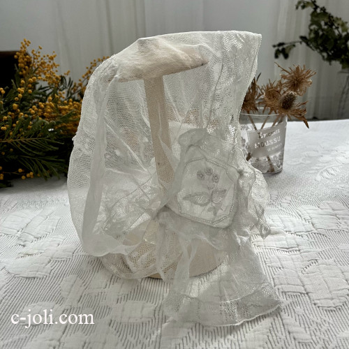 【パリ発送】E1181 フランスアンティークレース＆手刺繍ボネ　コットンチュールレースボンネット(帽子） 少女ー大人サイズ
