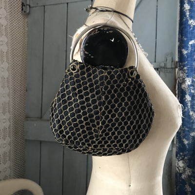 F-071　フランスアンティークバッグ/パーティバッグ　メタル口金＆ファブリック　黒＆ゴールド 18x15cm