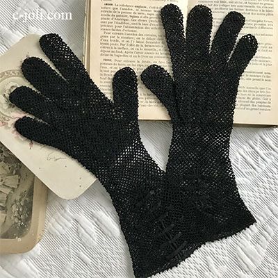 【パリ発送】F-093 フランスアンティークレース手袋　リネンクロシェレース手袋　ブラック