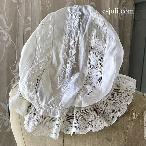 【日本発送】F-101 フランスアンティークレース＆手刺繍ボネ　ホワイトワーク綿ローン＆レースボンネット(帽子）　少女サイズ